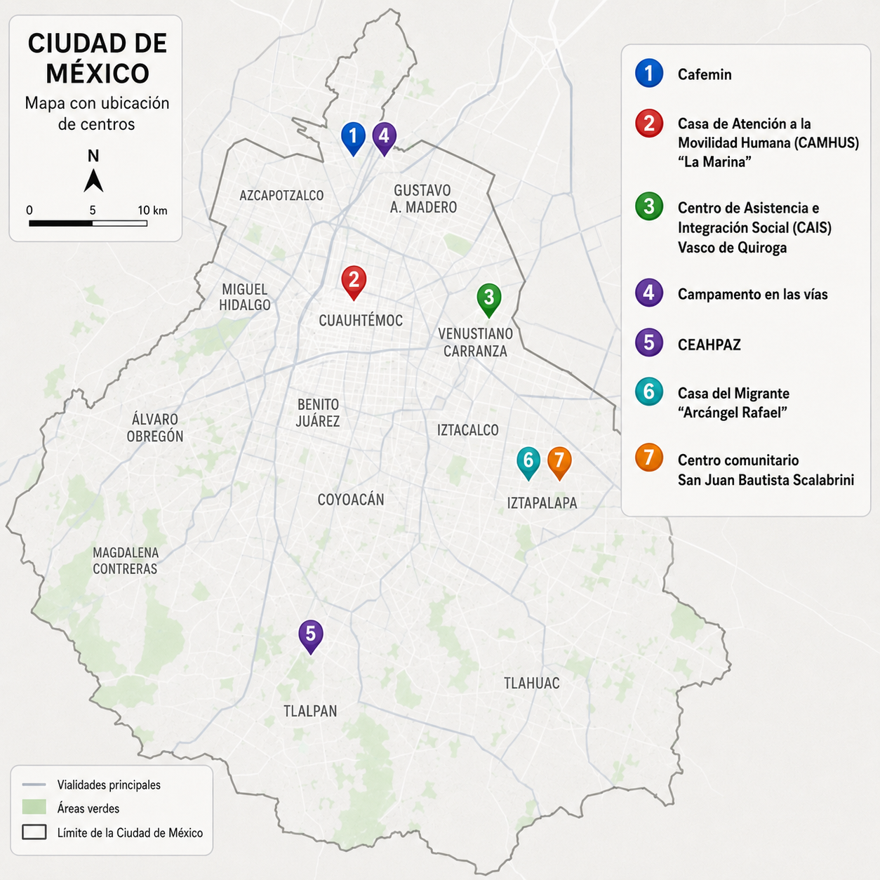 Map of migrant center locations across Ciudad de México