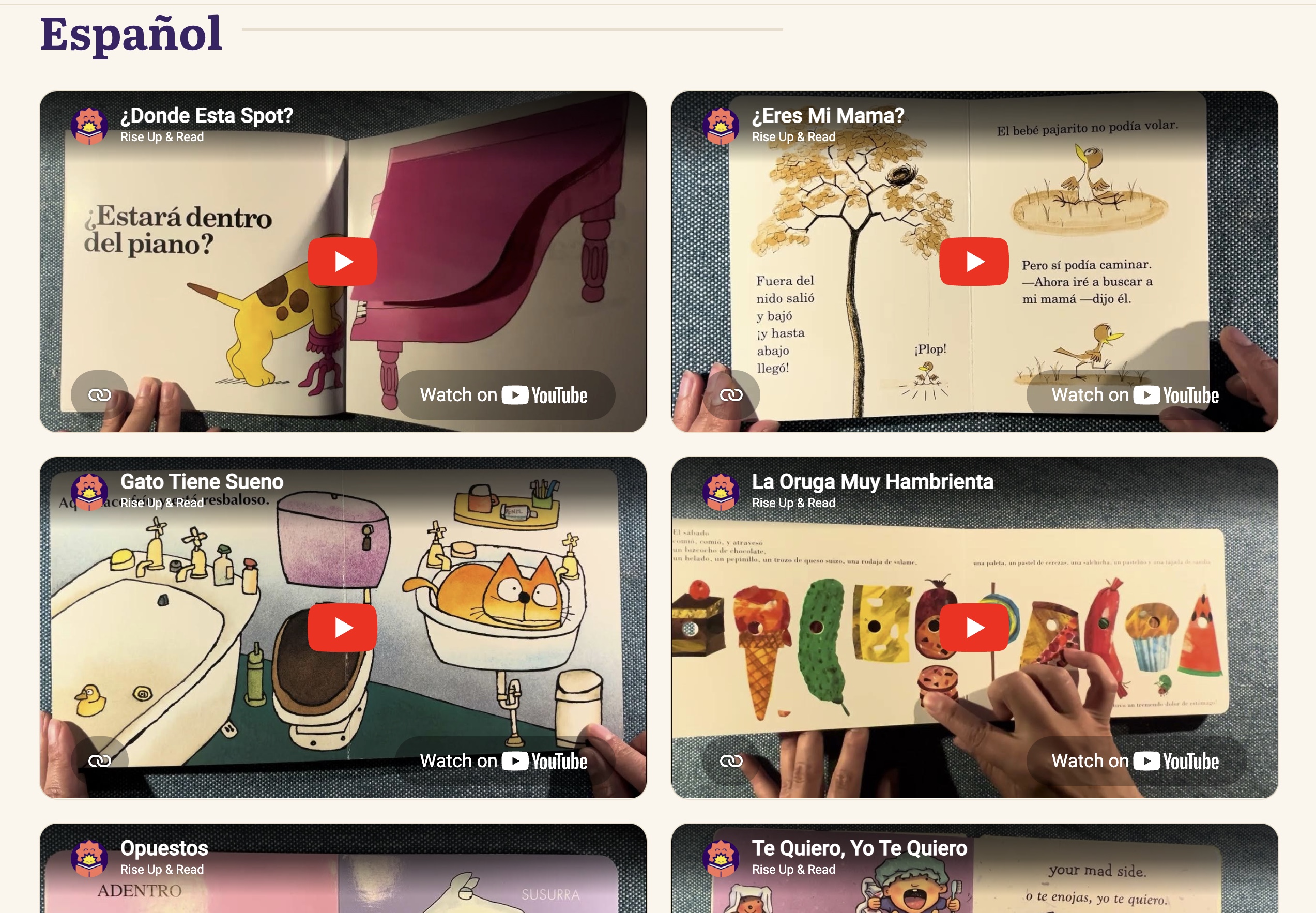 Grid of read-aloud story videos in Spanish