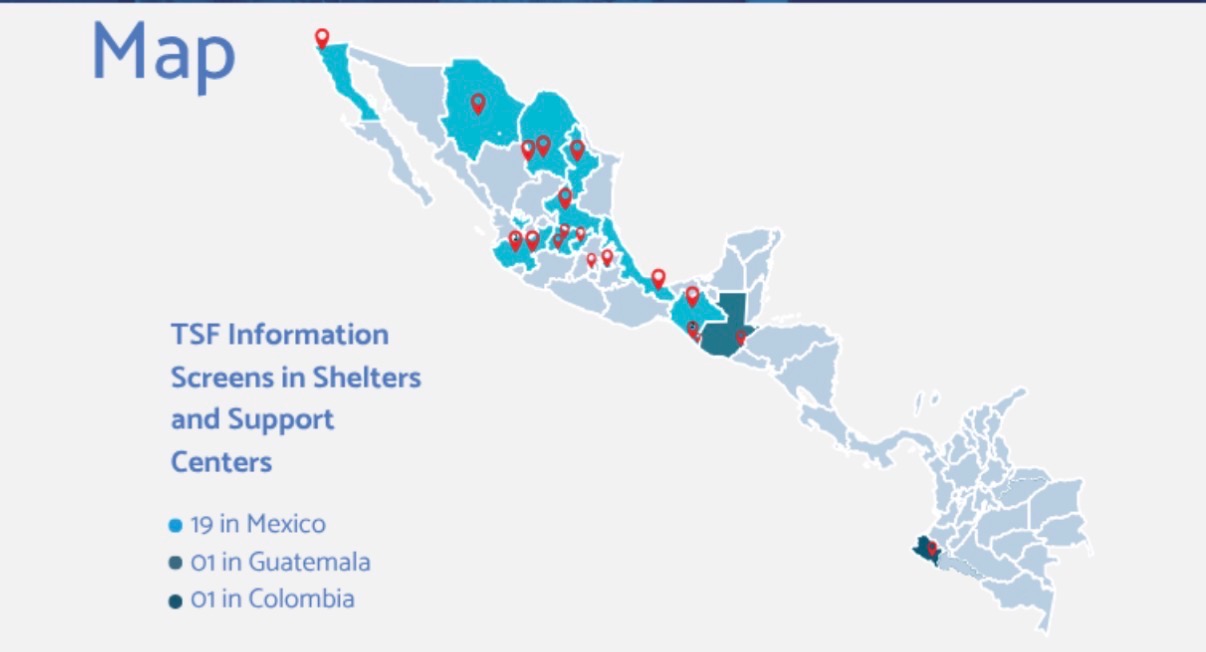 Map of TSF information screens in shelters and support centers across Mexico, Guatemala, and Colombia